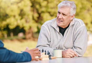 Chess, nature and retirement with senior friends playing a boardgame while bonding outdoor during summer. Park, strategy and game with a mature man and friend thinking about the mental challenge