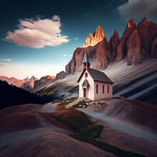 Incredible View On Small IIlluminated Chapel - Kapelle Ciapela On Gardena Pass, Italian Dolomites Mountains. Dolomite Alps, Italy. Landscape Photography