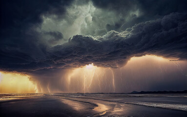 Wall Mural - thunderstorm with wave and beach, generative ai illustration