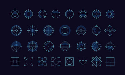 Fototapete - Aim pointer ui. HUD futuristic target radar frame, military weapon sniper cursor, virtual hologram element for dashboard infographic gaming design. Vector set of ui digital hud illustration