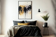 An abstract black oil painting with a frame hangs on a pleasant bedroom's beige wall. Generative AI