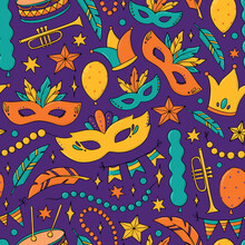 Mardi Gras Seamless Pattern With Hand Drawn Doodles, Clip Art, Masquerade Elements. Good For Wrapping Paper, Textile Prints, Backgrounds, Wallpaper, Scrapbooking, Stationary, Etc. EPS 10
