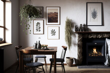 In A Minimalist Home, A Dining Area Features A Stylish Rustic Decor With A Walnut Wooden Table, Retro Chairs, Decorations, A Fireplace, Dried Flowers, Candlestick Mock Up Picture Frames, And Carpet. T