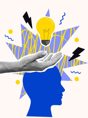 creative mind or brainstorm or creative idea concept with abstract human head silhouette and hand ho