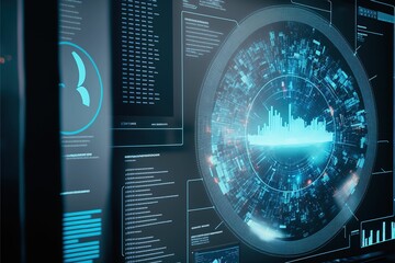 Fototapete - Cyber security, data protection, cyberattacks concept on blue background. Database security software development. Online security concept. Laptop protected with shield. holographic screen. Generative 