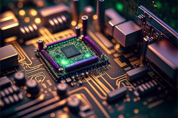 Fototapete - Electrical circuit board. Abstract circuit cyberspace design created with Generative Ai technology. Artificial technology 
