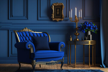 Wall Mural - Interior in traditional royal blue color with sofa, fireplace, candle, floor lamp, and carpet. mock up for an illustration. Generative AI