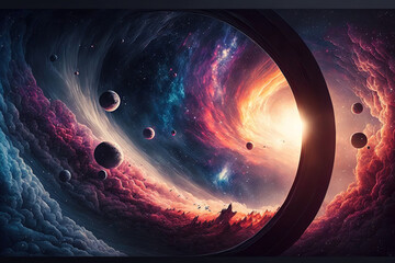 panorama of a galaxy, planets, and stars in space. banner design. many light years away, there are m