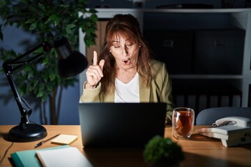 Poster - Middle age hispanic woman working using computer laptop at night pointing finger up with successful idea. exited and happy. number one.