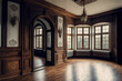 © Lasvu - An old world European interior with windows on both sides in a corner. Design of interior wood paneling. Old fashioned manor with hardwood floors. ancient home with romance. luxury fashion. Generative