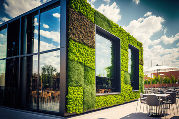 Sticker - Green building. Green cafe with facade mounted hydroponic plants. Concept of ecology and sustainable life in cities. Greenery was covered by a modern construction. Background is amorphous. Generative