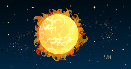 Wall Mural - Sun Star. Collection of Planets of solar system. Cartoon style vector illustration, sun on cosmic background. Space galaxy background cartoon universe elements, cosmos dust scenery.