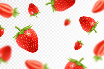 Wall Mural - Strawberry background. Flying red strawberry on transparent background. Strawberry falling from different angles.Focused and blurry objects. 3D realistic.