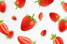 Strawberry Background. Flying Red Strawberry On Transparent Background. Strawberry Falling From Different Angles.Focused And Blurry Objects. 3D Realistic.