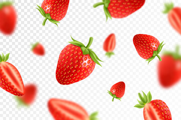 Wall Mural - strawberry background. flying red strawberry on transparent background. strawberry falling from diff