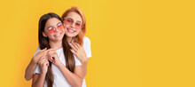 Mother And Daughter Child Banner, Copy Space, Isolated Background. Happy Family Portrait Of Young Mom And Child Girl In Glasses, Summer Fashion.