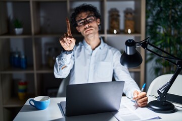 Poster - Hispanic man working at the office at night pointing with finger up and angry expression, showing no gesture