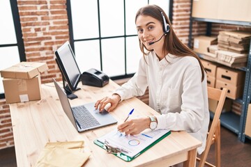 Sticker - Young caucasian woman ecommerce business worker having video call writing on document at office