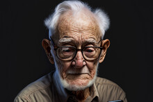 AI Generated Portrait Of An Elderly Man Wearing Glasses And Looking Downwards, Isolated On Black Background. Created With Generative Ai
