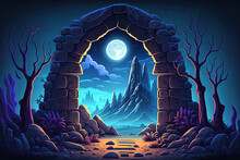 Background For A Video Game With A Cartoon Fantasy Artwork Of A Magic Portal In A Stone Frame On A Rock Ledge At Night That Is Ready For Animation. Generative AI