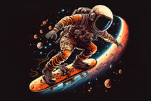 Skateboarding By Astronauts In Space. Images For Use In Posters, T Shirt Printing, And Other Media. Generative AI