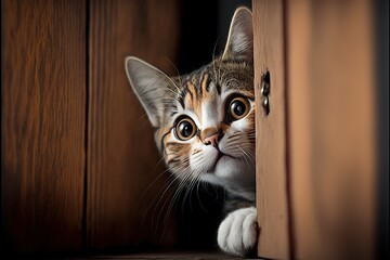 Poster - Cautious cat peeking around the corner on a wooden background, with copy space, created using Generative AI technology.