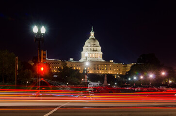 Poster - US Capitol building and car light trails at night - Washington DC, United States