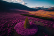 Chuysky tract, Altai, Siberia, Russia, as seen from a drone. Beautiful pink maralnik wild rosemary blossoming in the spring highlands. Generative AI