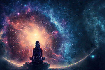 A person is sitting in a yoga pose in the lotus position. Against the background of space.