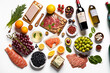 A flat lay of food items including meat, fish, poultry, and shrimps, as well as vegetables and fruits, wine, and cheese, is shown on a white backdrop. Generative AI