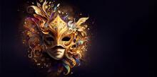 Venetian Female Mask Carnival Golden Color Dark Splash Art Masquerade Mardi Gras Banner Copy Space On Black Illustration. Generative AI