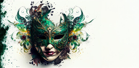 Wall Mural - Venetian female mask carnival green colorful splash art masquerade woman red lips mardi gras banner copy space on white illustration. Generative AI