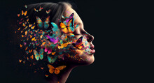 Dream Concept Of Young Beautiful Woman Face With Butterflies And Colorful Trails. Generative AI Surreal Illustration