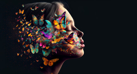 Dream concept of young beautiful woman face with butterflies and colorful trails. Generative AI surreal illustration