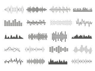 Poster - Sound wave. Music audio icons. Radio soundwave. Stereo pulse chart. Bar rhythm for logo. Heart impulse graphic. Wavelength signal. Voice frequency. Vector abstract waveform shapes set