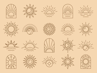 Poster - Sun boho icon. Bohemian minimal golden rays, minimalist moon in sky, celestial beams, summer sunburst logotype collection. Abstract contour vector creative monochrome design illustration set