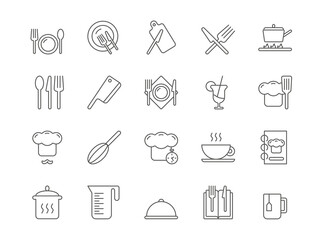 kitchen signs. cook icons. food eating. cooking pan. plate with fork and spoon. pot and knife for ch