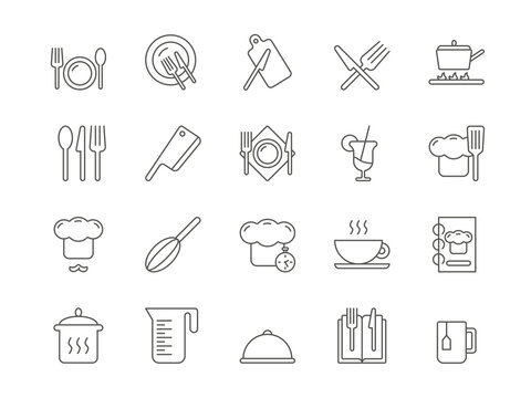 Wall Mural - Kitchen signs. Cook icons. Food eating. Cooking pan. Plate with fork and spoon. Pot and knife for chef. Prepare time. Utensils and cutlery serving. Recipe book. Vector line pictograms set