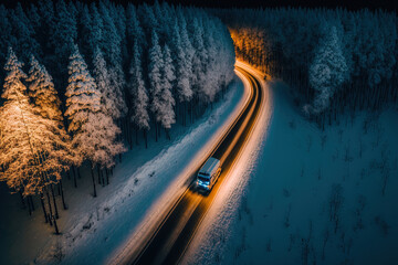 Wall Mural - Aerial image of an automobile in the woods on a snowy road at night. drone picture. Generative AI