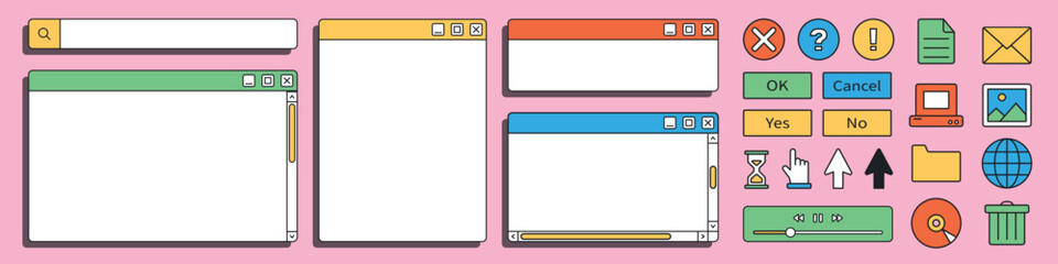 PC user interface from the 90s. Retro style. Nostalgic icons and windows. Old design. Vector illustration