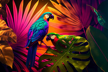 Abstract Natural Background With Jungle Flora And Fauna. Creative Background With Exotic Bright Colorful Leaves And Birds. Created With Generative AI