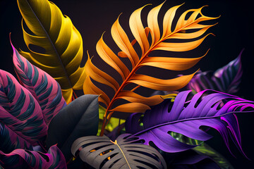 Wall Mural - Abstract natural background. Fluorescent exotic leaves pattern. Creative background with bright colorful monstera leaves. Jungle fauna. Created with Generative AI