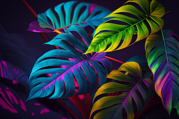 Wall Mural - Abstract natural background. Fluorescent exotic leaves pattern. Creative background with bright colorful monstera leaves. Jungle fauna. Created with Generative AI