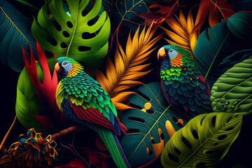 Wall Mural - Abstract natural background with jungle flora and fauna. Creative background with exotic bright colorful leaves and birds. Created with Generative AI
