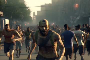 horde of Zombies running on a city street apocalypse, 3d illustration digital generative ai design art style