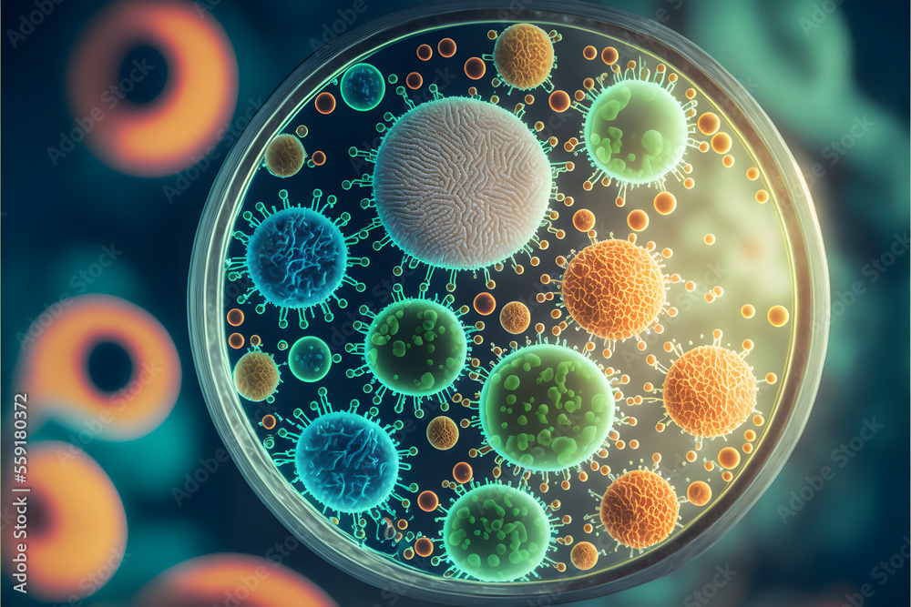 Macro close up shot of bacteria and virus cells in a scientific ...