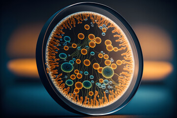 Wall Mural - Macro close up shot of bacteria and virus cells in a scientific laboratory petri dish standing vertical, science background, illustration digital generative ai design art style