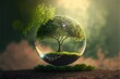 a tree inside a glass ball with a green tree inside it on a dirt ground with a green grass area and a blue sky in the background with clouds and sun beams above the earth. Generative AI