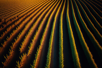 Wall Mural - Rows of corn shoots in a cornfield, ripening cornfield in sunset light, aerial perspective, agriculture idea, rural scene with maize field, and autumnal mood. Generative AI