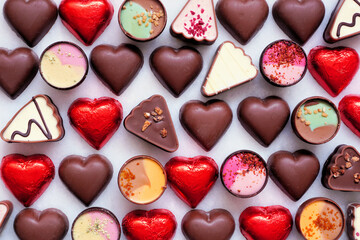 Wall Mural - Valentines Day chocolate background. Red heart theme. Above view.